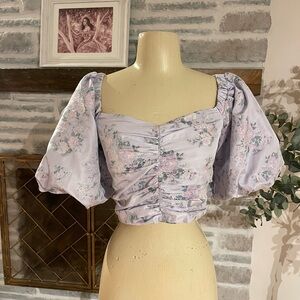 Floral Puff Sleeve Ruched Top - Lavender